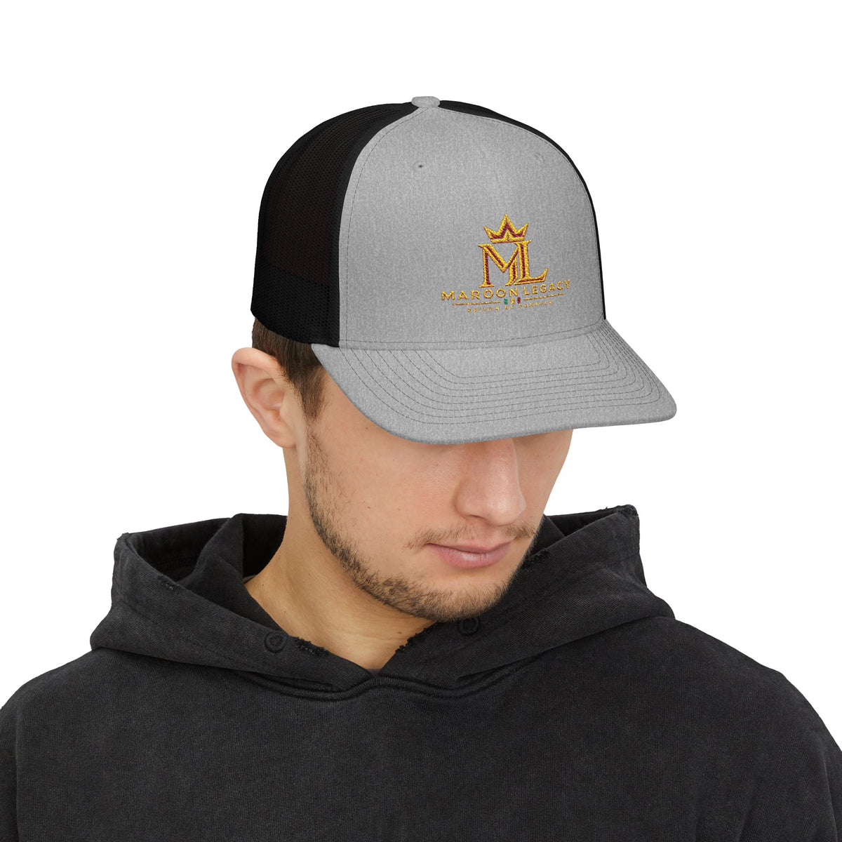 Maroon Legacy Embroidered Trucker Cap — Gold Crown Snapback