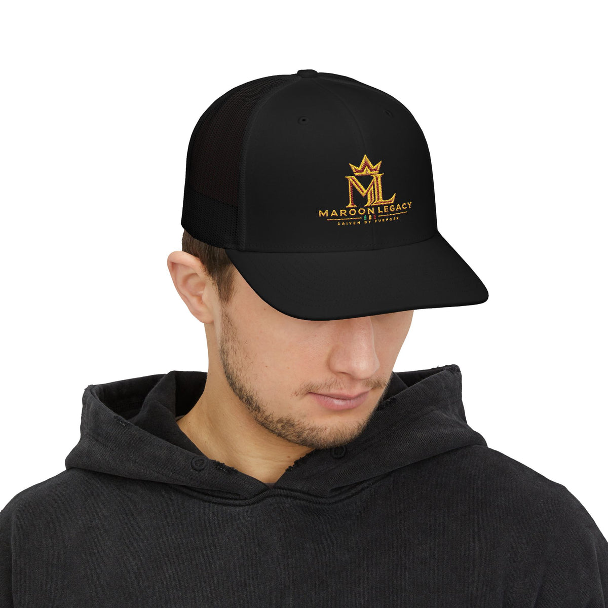 Maroon Legacy Embroidered Trucker Cap — Gold Crown Snapback