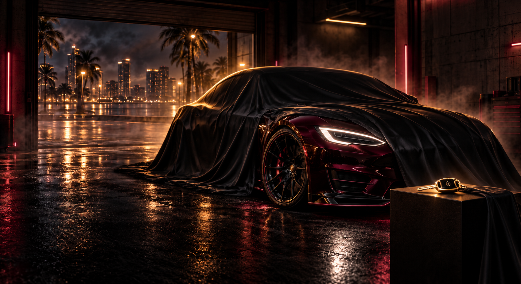 Covered performance car ready for a giveaway reveal
