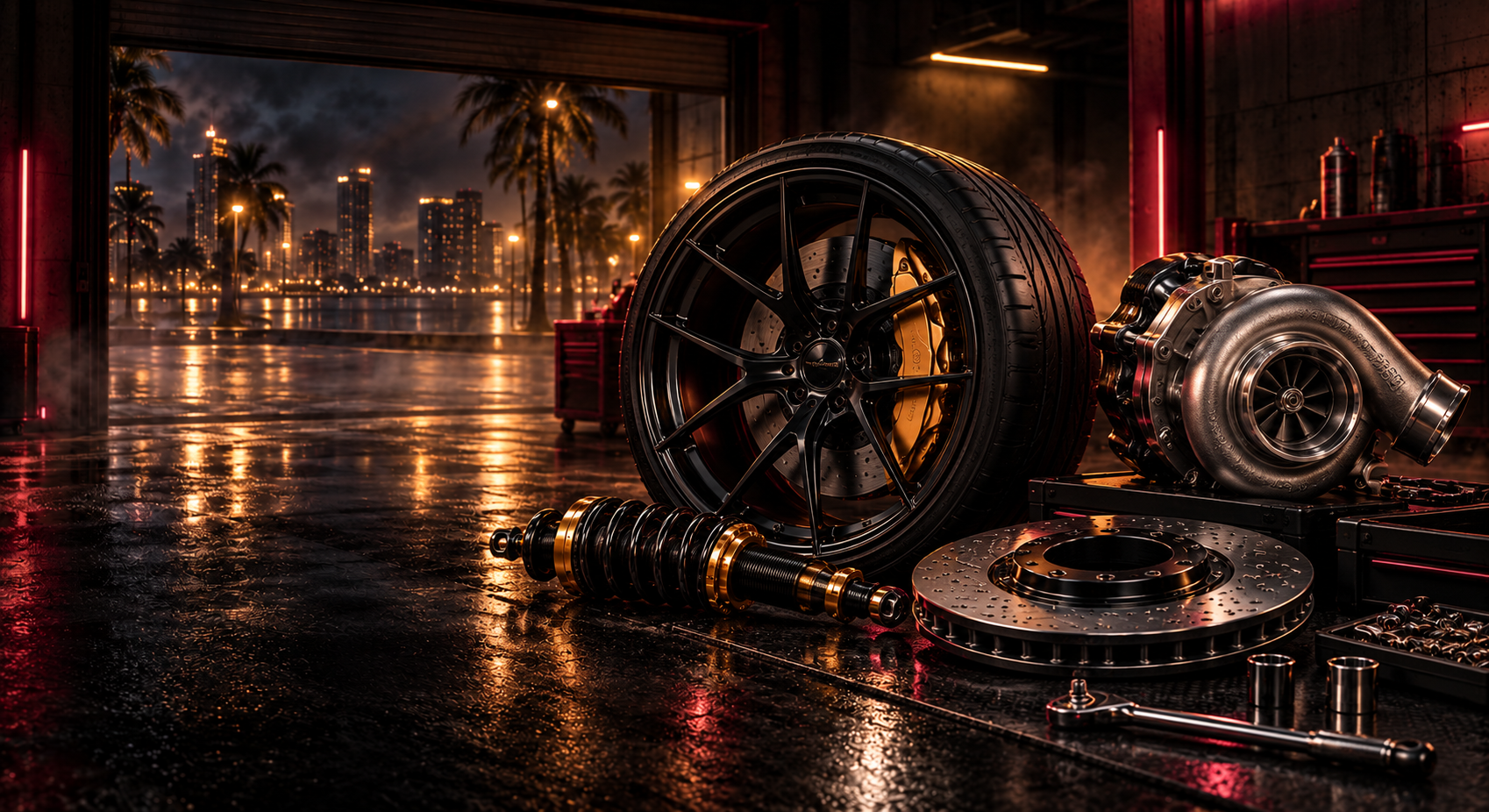 Performance car parts in the Maroon Legacy garage